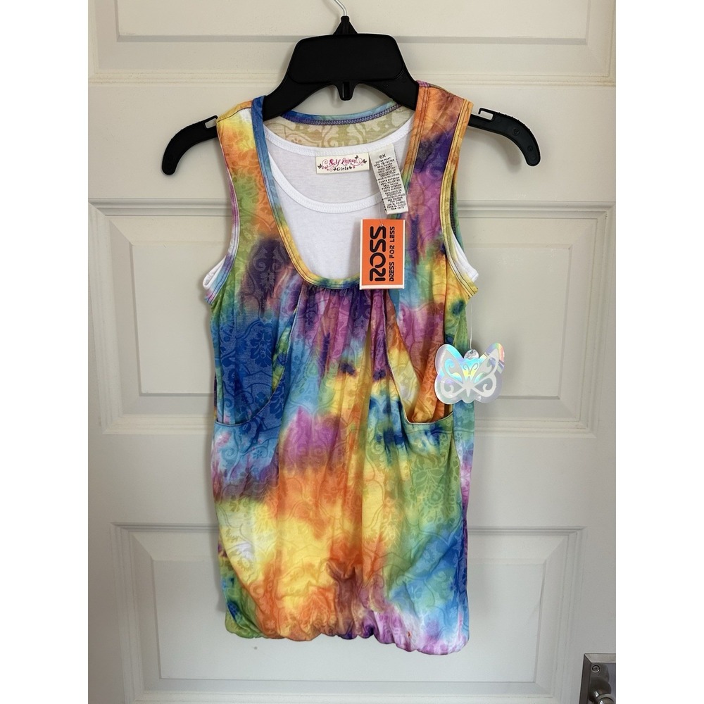 NWT Y2K Self Esteem Girls Top Shirt Sleeveless Rainbow Tie-Dye Layered SZ 6X